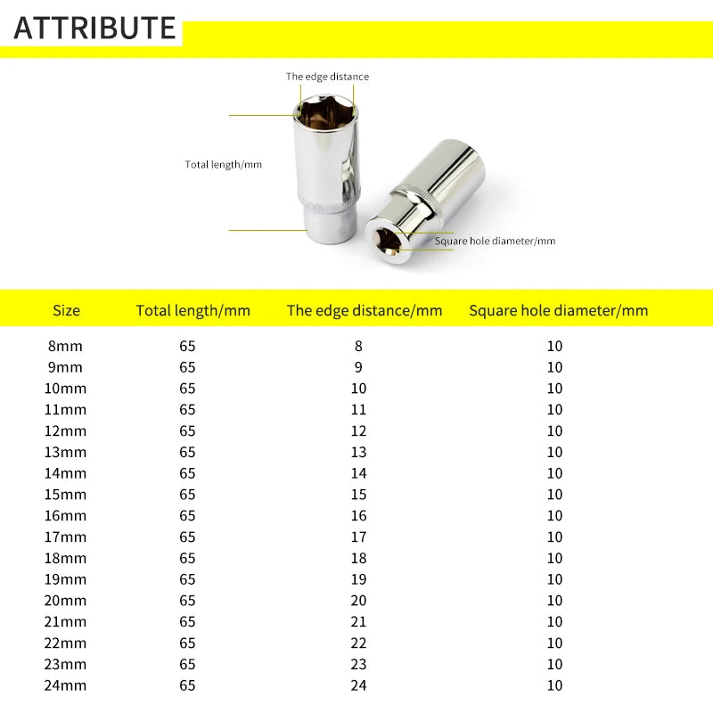 Vaso profundo de 3/8” con cabezal hexagonal de 8mm a 24mmLlaves de vasoHardware > Tool Accessories > Tool Sockets