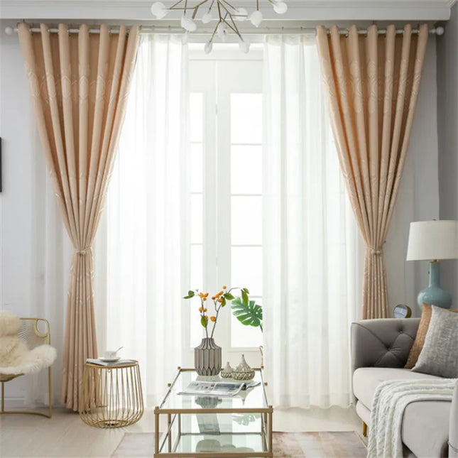 Thick, printed window curtains in gray and toffee