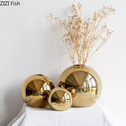 Jarrón de cerámica color oro decorativo en tres medidas