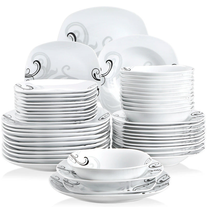 Juego de vajilla de porcelana 24/48 piezas con diseño negro | platos y cuencos aptos para lavavajillas y microondasVajillas completasHome & Garden > Kitchen & Dining > Tableware > Dinnerware > Dinnerware Sets
