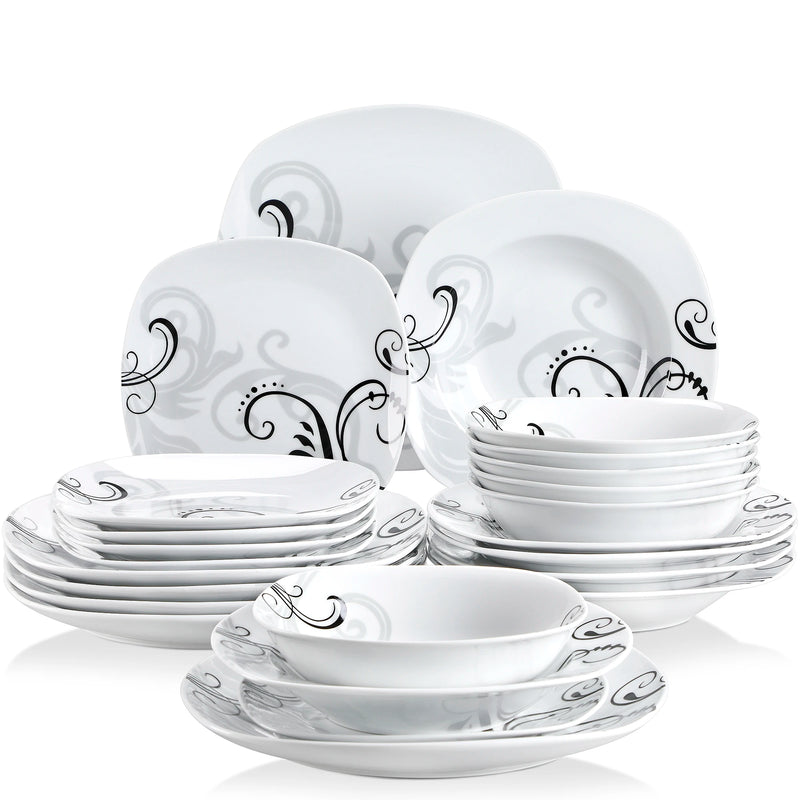 Juego de vajilla de porcelana 24/48 piezas con diseño negro | platos y cuencos aptos para lavavajillas y microondasVajillas completasHome & Garden > Kitchen & Dining > Tableware > Dinnerware > Dinnerware Sets