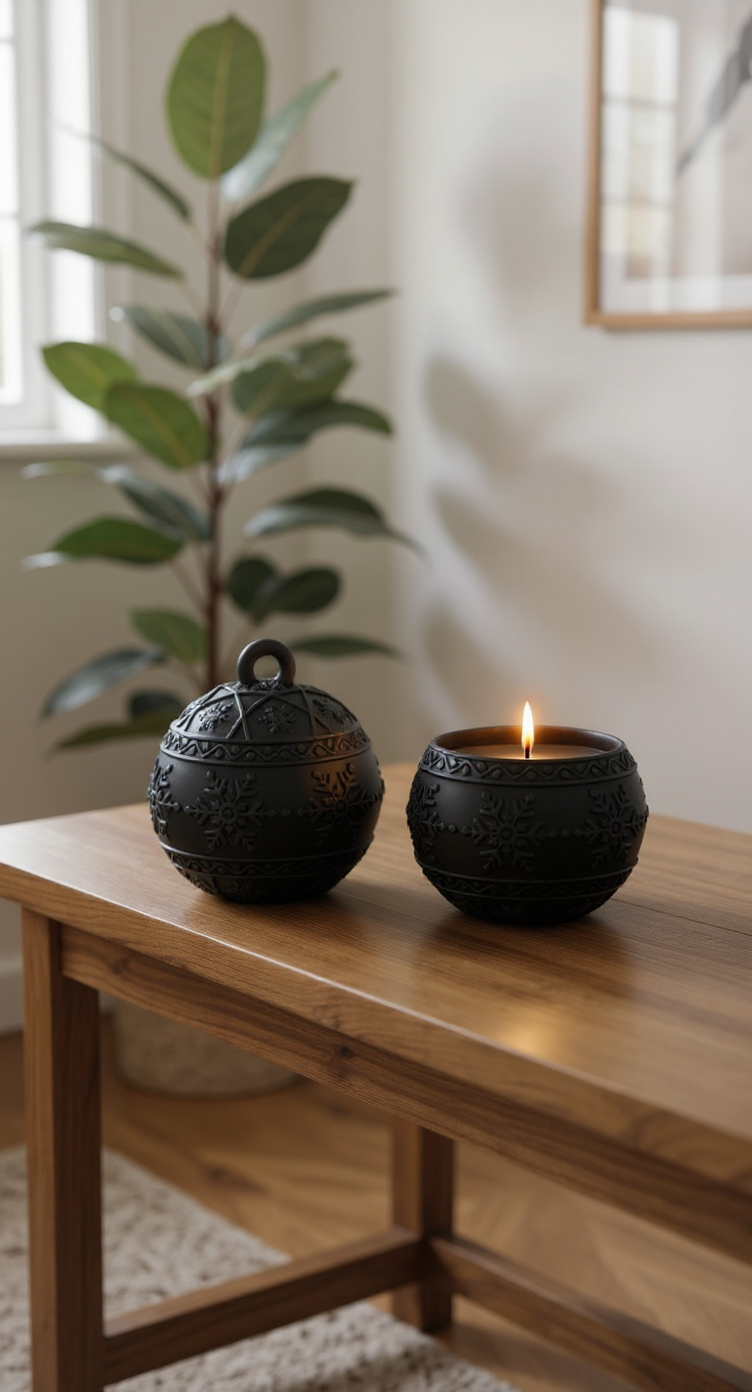 Bola de navidad cerámica negra mate | diseño acanalado