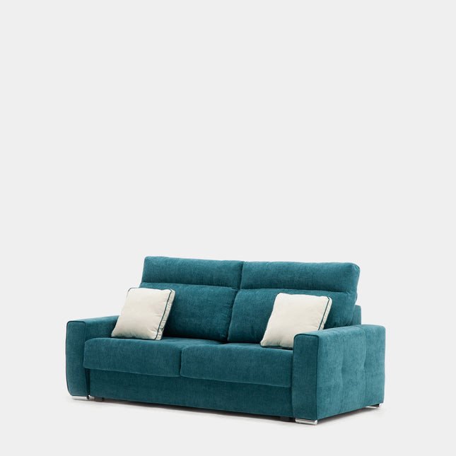 Sofá cama deslizante azul con cojines para visitas