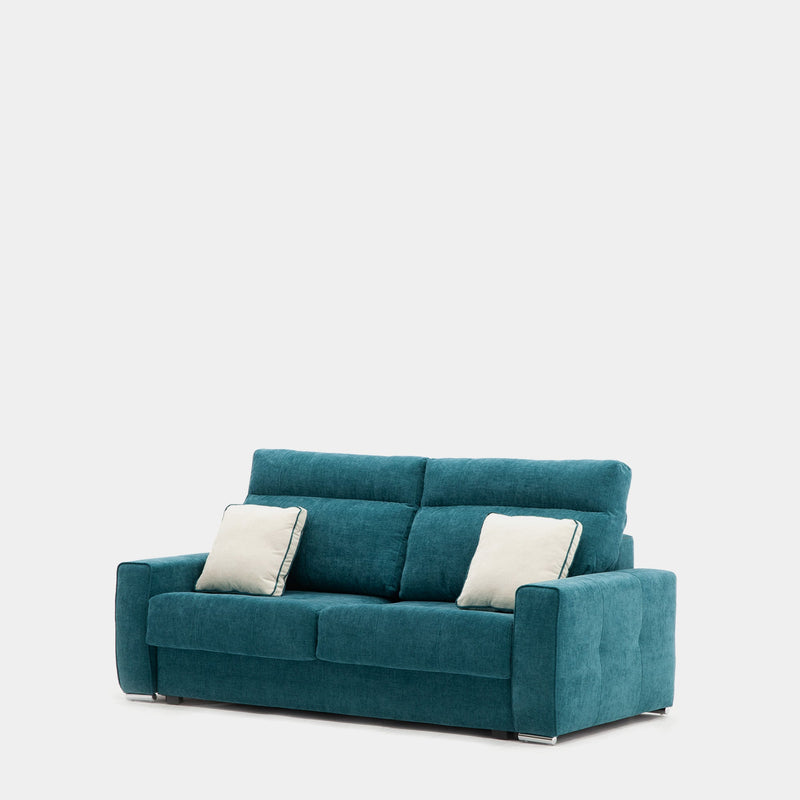 Sofá cama deslizante azul con cojines para visitas