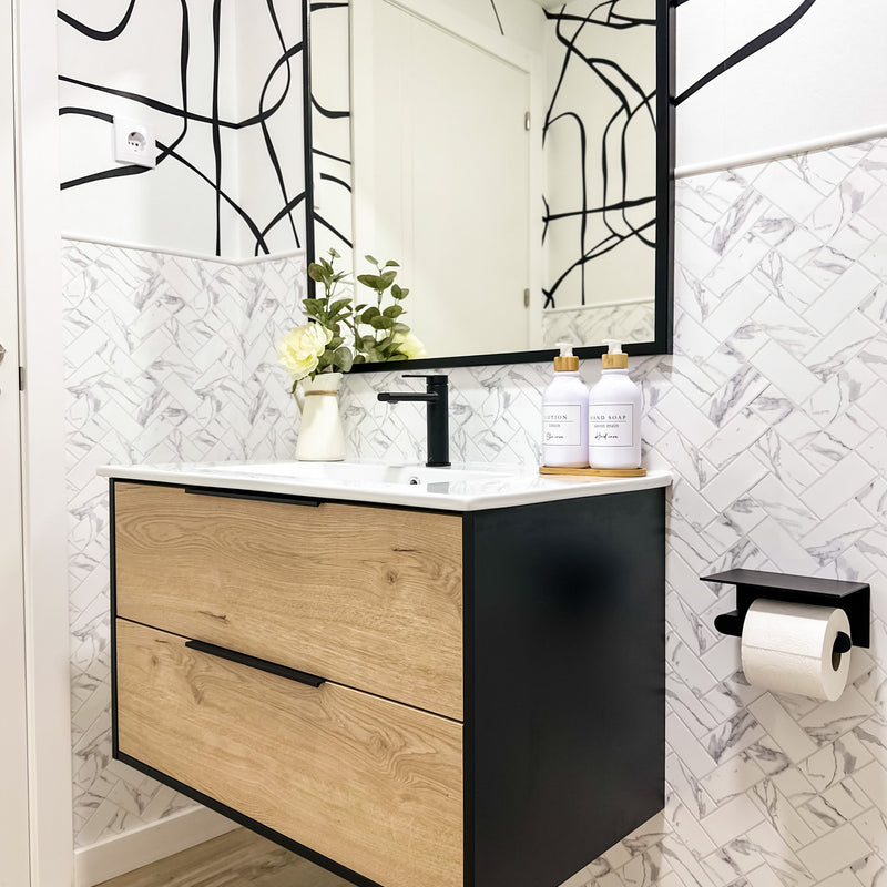 Conjunto mueble de baño completo 80 cm negro con tiradores | 3_BP