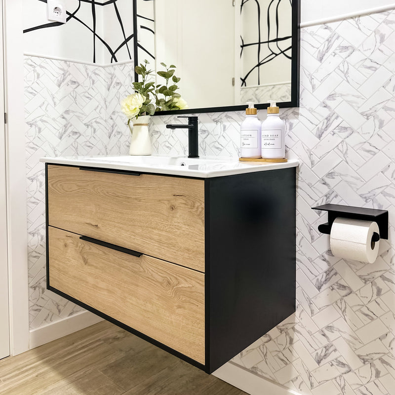 Mueble de baño con lavabo 80 cm negro con dos cajones | 3_BP