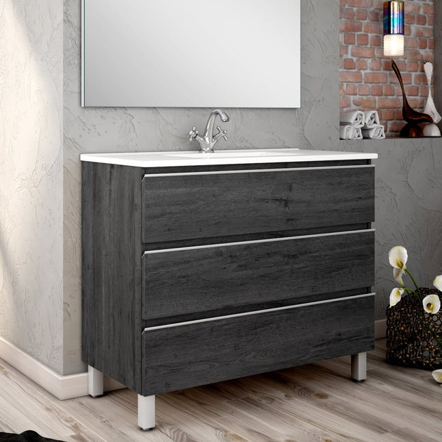 Mueble de baño con lavabo 3 cajones ebony con patas a suelo | 3_BP