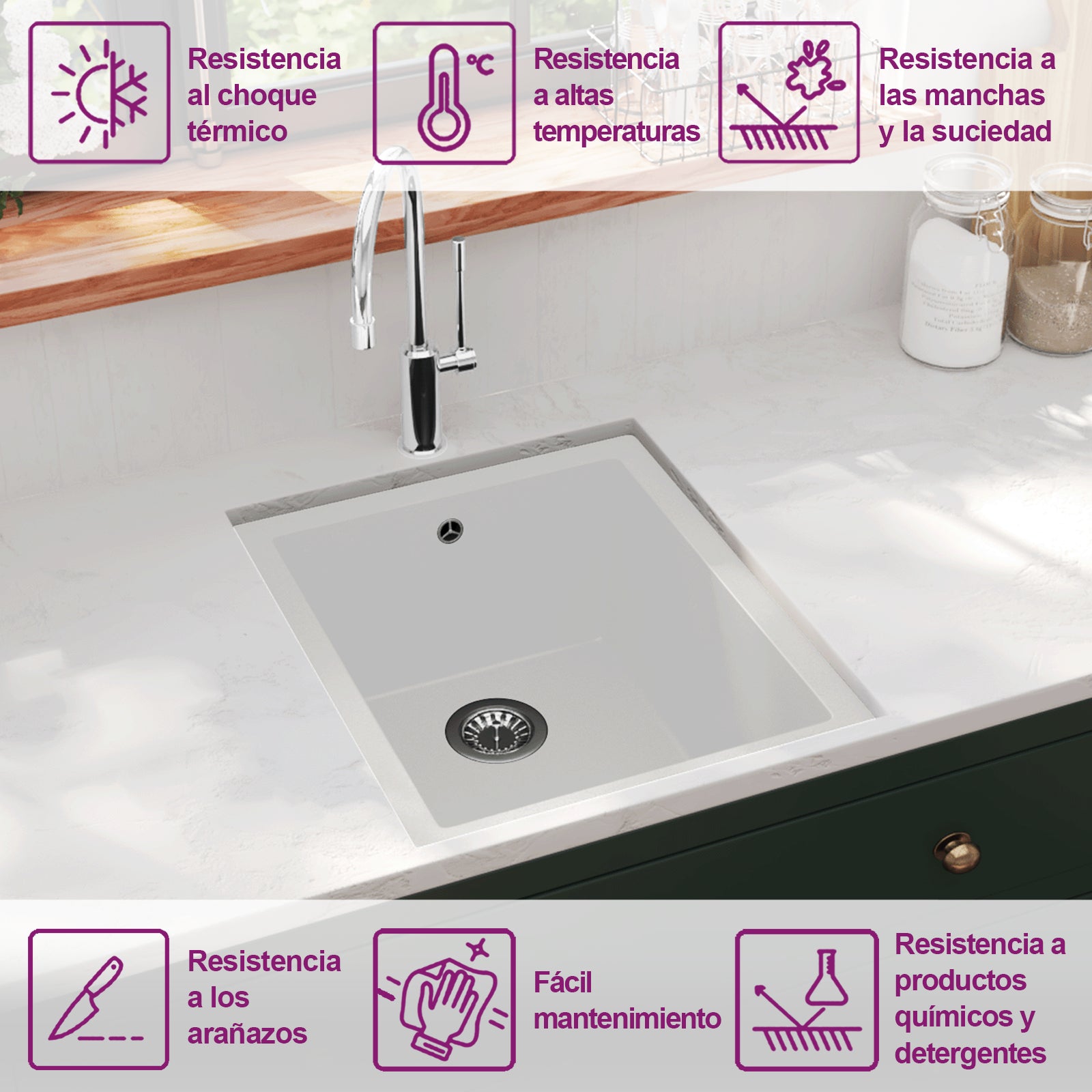 Fregadero de cocina con rebosadero granito blanco