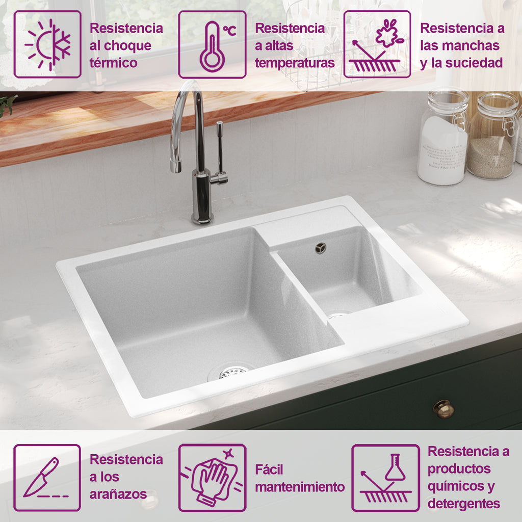 Fregadero de cocina doble seno con rebosadero granito blanco