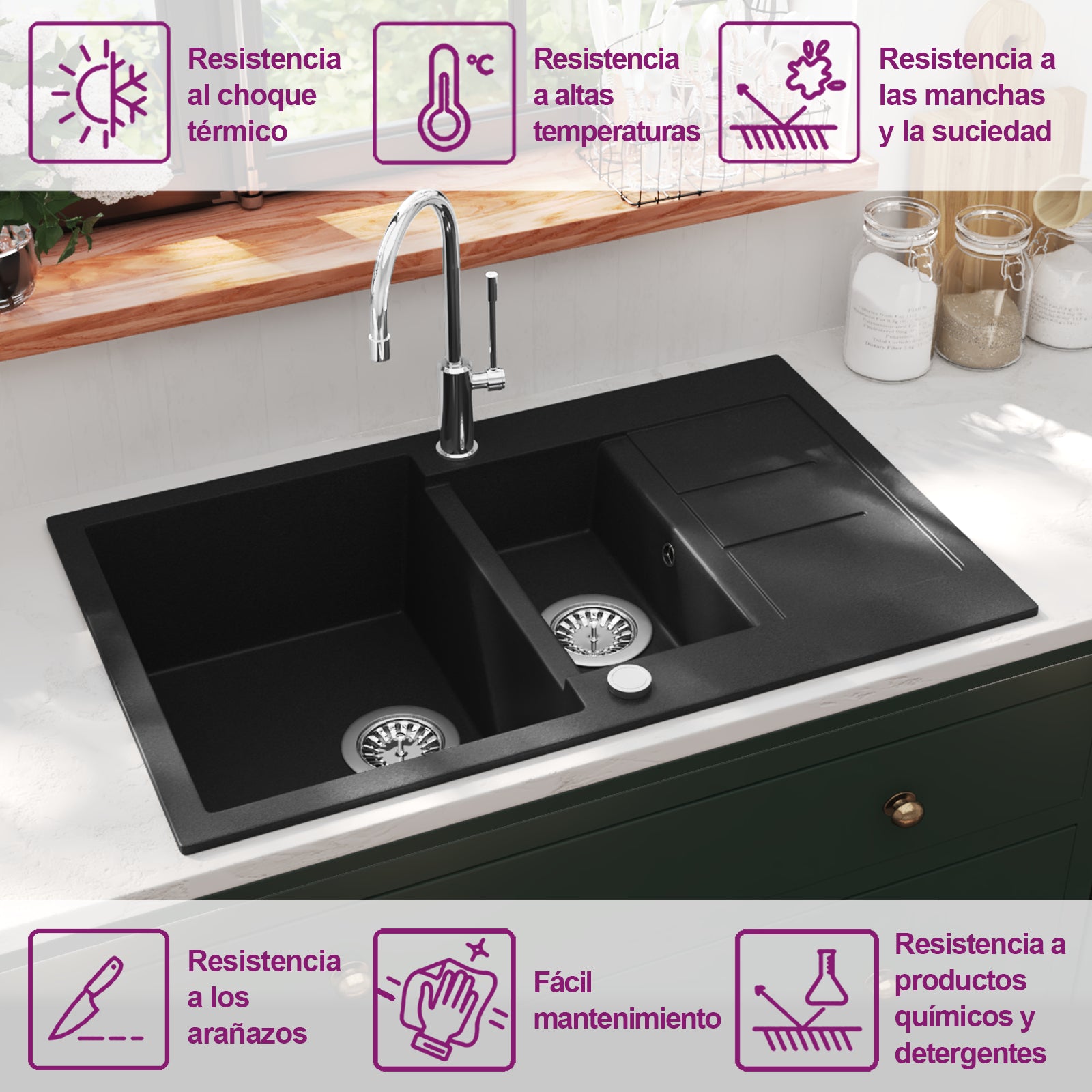 Fregadero de cocina con 2 senos granito negro