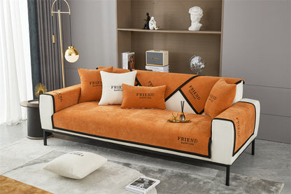 Cubiertas individuales para sofá con bordado Friend en azul, naranja y mostaza