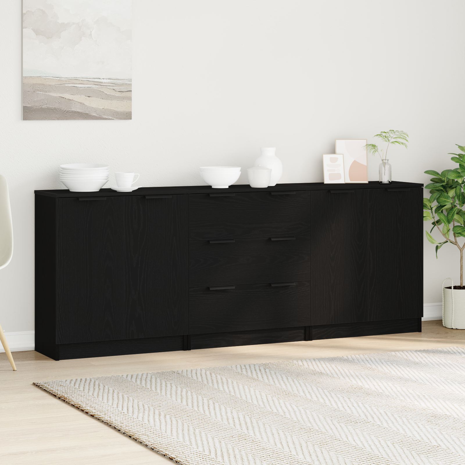 Aparador con cajón 3 pcs Roble Negro 180 x 30 x 70 cm