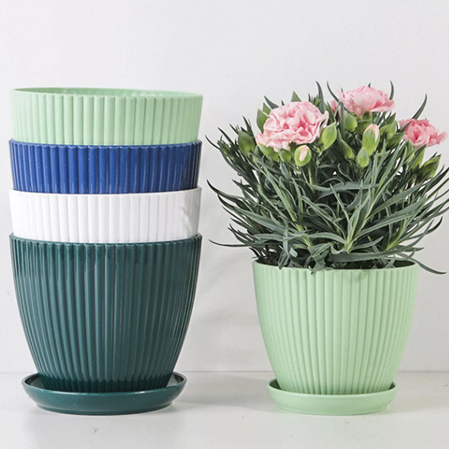 Striped Flower Pot with Tray
