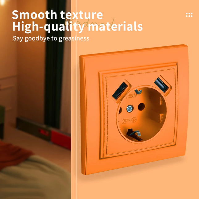 Enchufe de pared con toma de tierra y 2 USB (2,1 A) naranjaEnchufesHardware > Power & Electrical Supplies > Power Outlets & Sockets > Wall Outlets