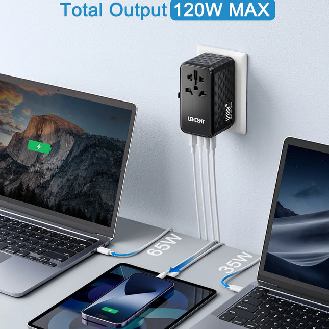 Adaptador de viaje universal GaN 120 W con 3 USB-C, 1 USB-A y toma AC (EU/UK/US/AUS)RegletasElectronics > Electronics Accessories > Power > Power Adapters & Chargers