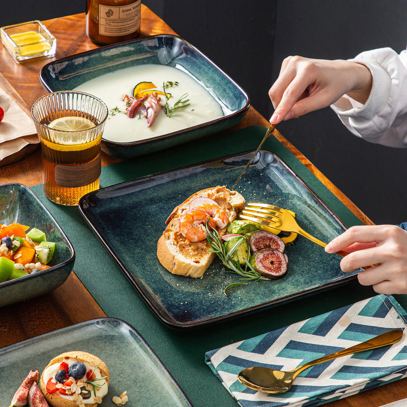 Vajilla Stern cuadrada 16 piezas | porcelana alta densidad con esmalte reactivo azul/verdeVajillas completasHome & Garden > Kitchen & Dining > Tableware > Dinnerware > Dinnerware Sets