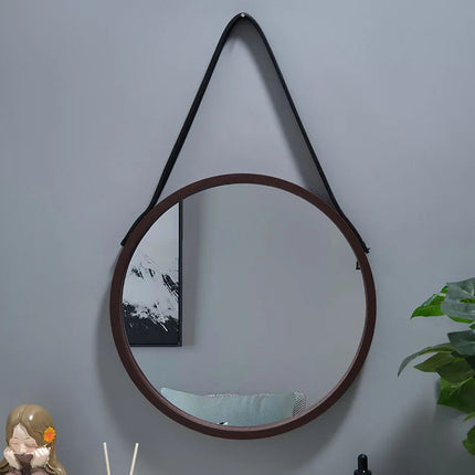 Round hanging mirror with wooden edge