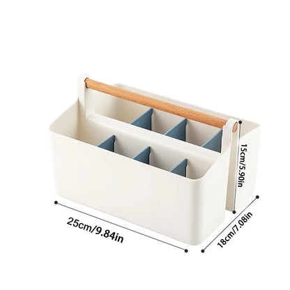 Cesta de almacenamiento portátil con mango de madera y compartimentos divididos