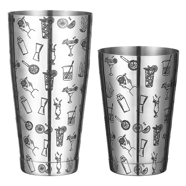 Boston-style cocktail shakers with cartoon prints