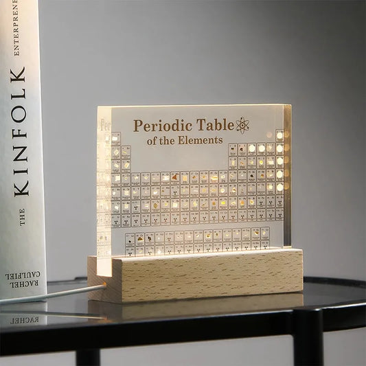 Glass periodic table table decoration with real elements