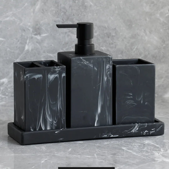 Set de 4 accesorios de baño efecto mármol | Dispensador, portacepillos, vaso y bandeja de resinaDispensadores de jabónHome & Garden > Bathroom Accessories > Bathroom Accessory Sets