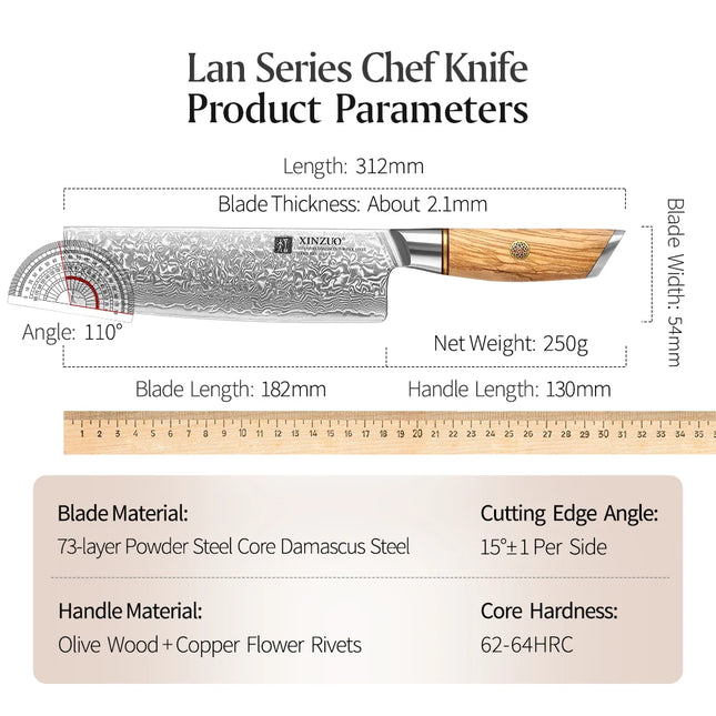Cuchillo Nakiri de 7 pulgadas | Acero Damasco 73 capas, 62-64 HRC y mango de madera de olivaCuchillosHome & Garden > Kitchen & Dining > Kitchen Tools & Utensils > Kitchen Knives