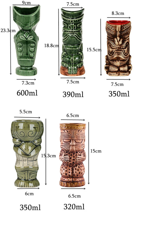 Jarras y vasos tiki de cerámica con inspiración hawaiana de 300 a 700 ml