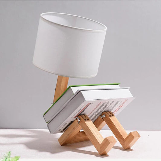 Robot-shaped wooden table lamp