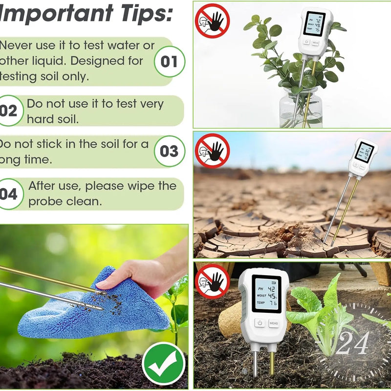 Medidor de suelo digital 3 en 1 con pantalla LCD para pH, humedad y temperaturaAccesorios practicos