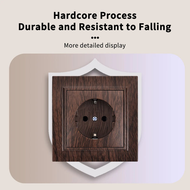 Enchufe empotrable con toma de tierra y acabado efecto madera en marrón. Plástico ignífugo, estándar UEEnchufesHardware > Power & Electrical Supplies > Power Outlets & Sockets > Wall Outlets