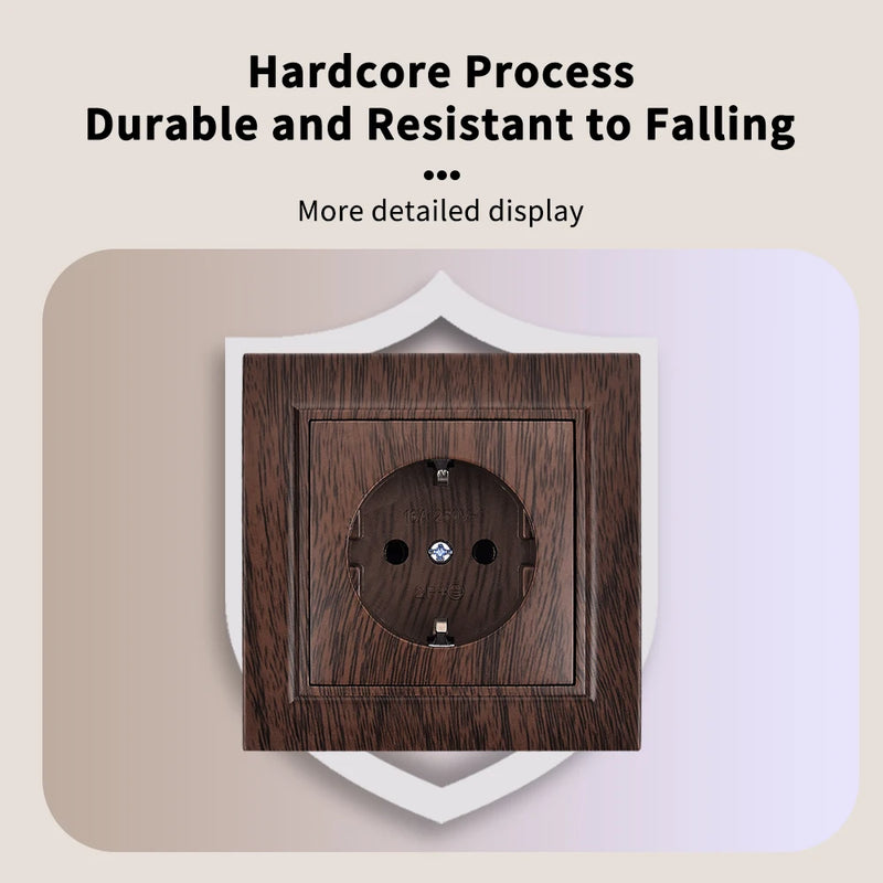 Enchufe empotrable con toma de tierra y acabado efecto madera en marrón. Plástico ignífugo, estándar UEEnchufesHardware > Power & Electrical Supplies > Power Outlets & Sockets > Wall Outlets