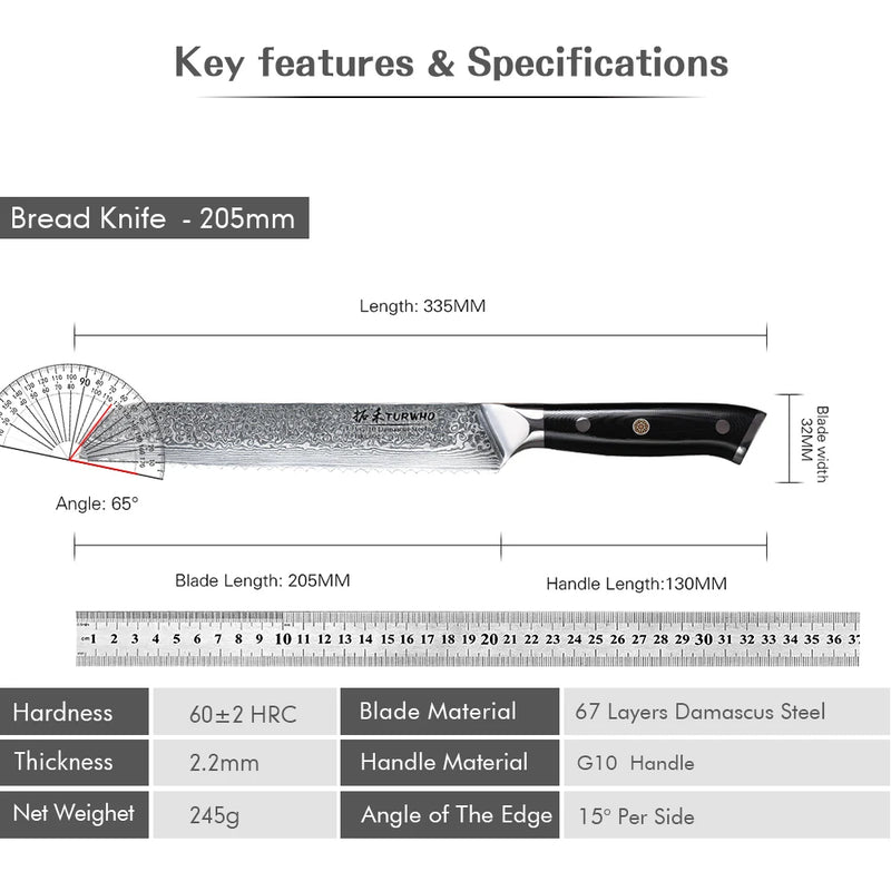 Cuchillo de pan profesional de acero de Damasco 8" con mango G10CuchillosHome & Garden > Kitchen & Dining > Kitchen Tools & Utensils > Kitchen Knives > Bread Knives