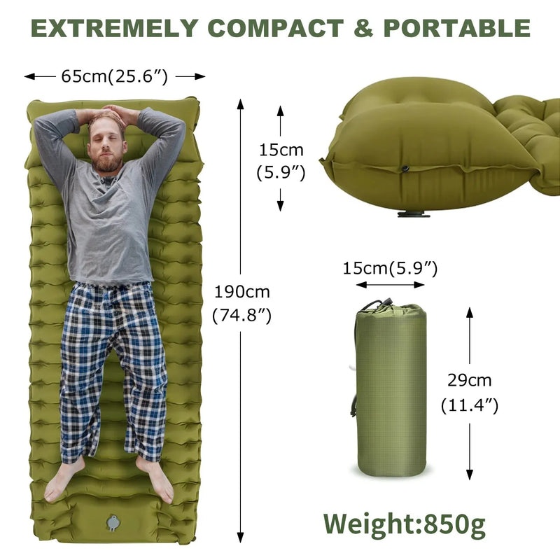 Colchón inflable de camping con almohada y bomba integrada | 10 cm de grosor, 190 × 65 cmColchonesSporting Goods > Outdoor Recreation > Camping & Hiking > Camp Furniture > Air Mattresses