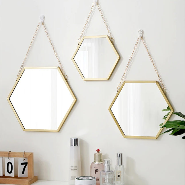 Hexagonal acrylic mirror with hanging chain