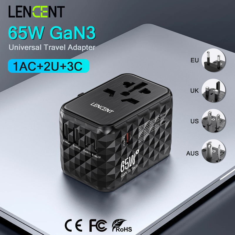 Adaptador de viaje universal GaN 65 W con 3 USB-C, 2 USB-A y toma AC (EU/UK/US/AUS)RegletasElectronics > Electronics Accessories > Power > Power Adapters & Chargers