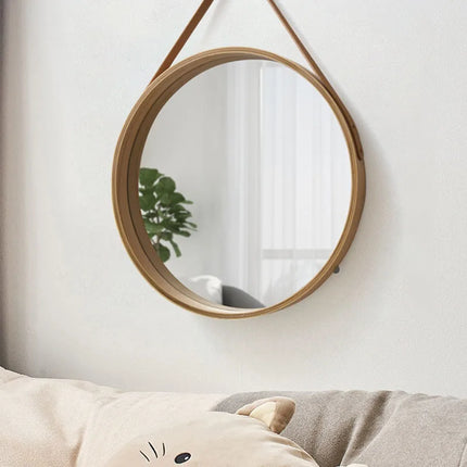 Round hanging mirror with wooden edge