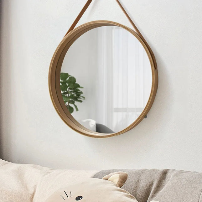 Miroir suspendu rond avec bord en bois