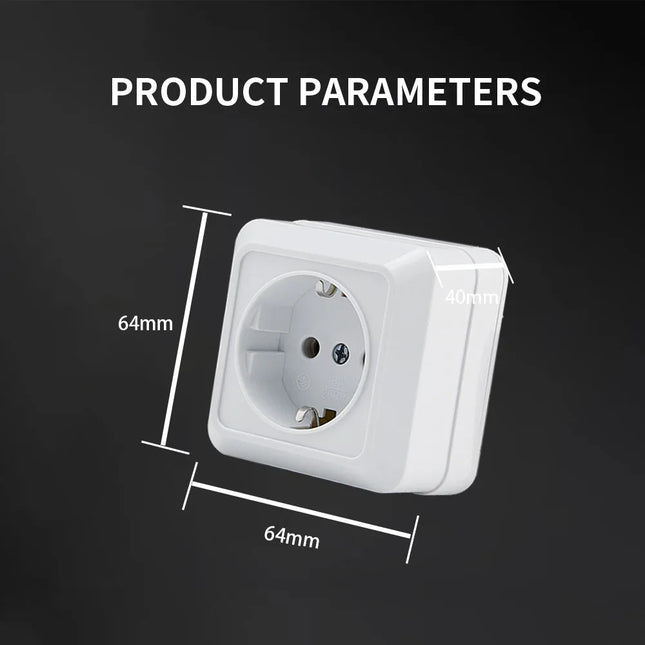 Enchufe de superficie blanco con toma de tierra | Estándar UE 64×64 mm | Plástico Ignífugo + LatónEnchufesHardware > Power & Electrical Supplies > Power Outlets & Sockets > Wall Outlets