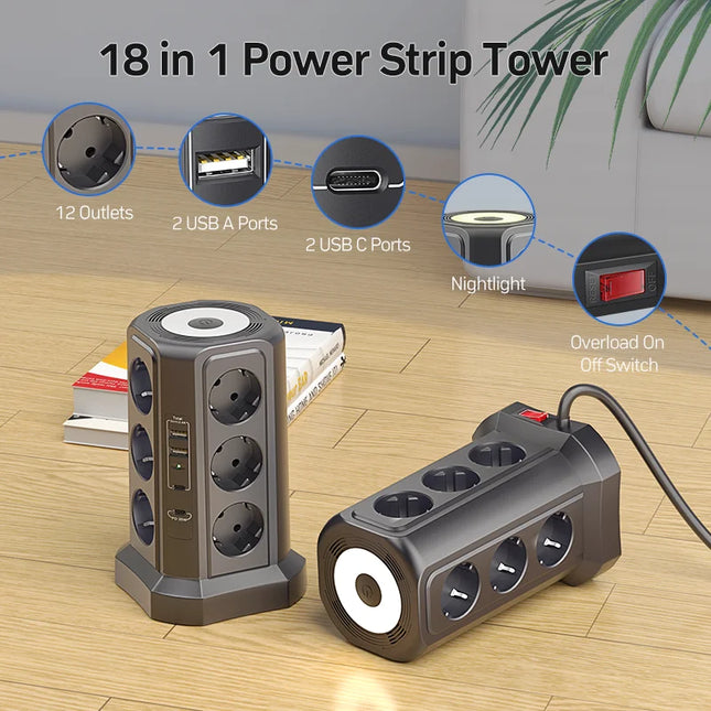 Regleta torre 12 tomas + 4 USB con luz nocturna | protector de sobretensión 4000 W 16 A, cable 1,8 mRegletasElectronics > Electronics Accessories > Power > Power Strips & Surge Suppressors