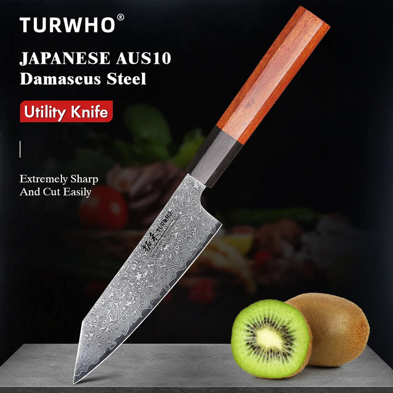 Cuchillo utilitario japonés de 5 pulgadas de acero de Damasco forjado a mano con mango clásico octogonalCuchillosHome & Garden > Kitchen & Dining > Kitchen Tools & Utensils > Kitchen Knives