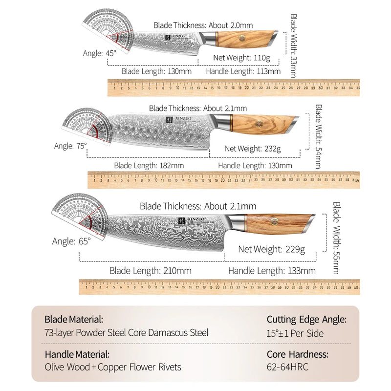 Cuchillos de chef japoneses de acero damasco VG10 con mango de olivo – opciones 5", 7", 8,5" o juego de 3 piezasCuchillosHome & Garden > Kitchen & Dining > Kitchen Tools & Utensils > Kitchen Knives > Chef's Knives
