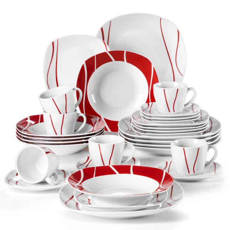 Vajilla de porcelana marfil con rayas rojas 18/30/36 piezas | servicio con platos, tazas y platillosVajillas completasHome & Garden > Kitchen & Dining > Tableware > Dinnerware > Dinnerware Sets
