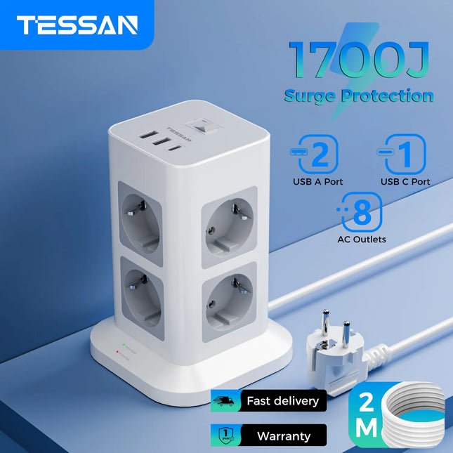 Regleta torre vertical 11 en 1 con protección contra sobretensiones (8 tomas + 2 USB-A + USB-C) cable 2 mRegletasElectronics > Electronics Accessories > Power > Power Strips & Surge Suppressors