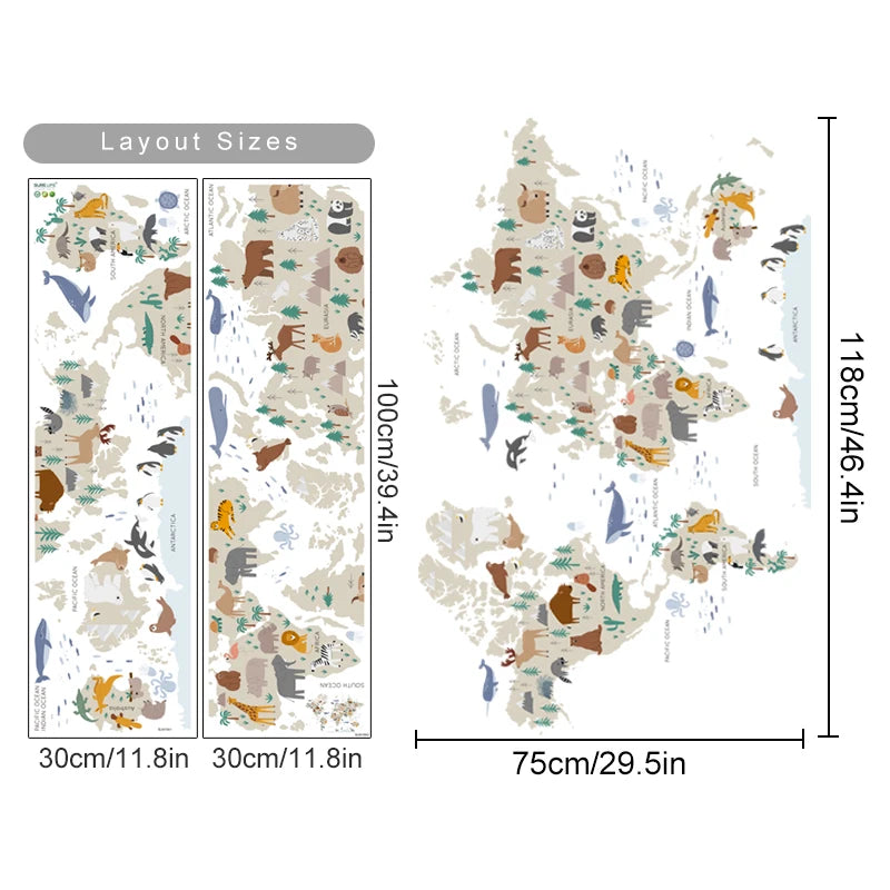Pegatinas de pared de mapa del mundo grande con dibujos de animalesAdhesivos