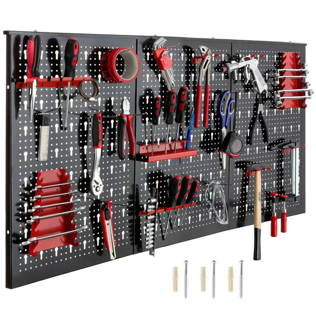 Panel perforado metálico 117 × 55 cm con 17 ganchos | Organizador de pared para herramientas (3 paneles)Paneles perforadosHardware > Hardware Accessories > Tool Storage & Organization
