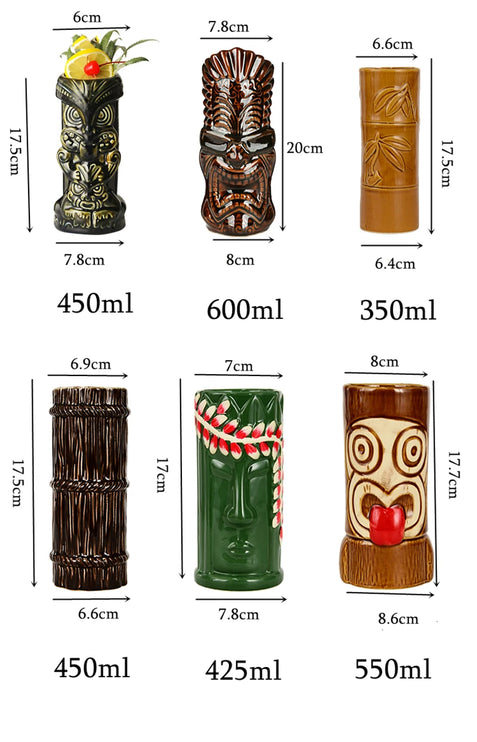 Jarras y vasos tiki de cerámica con inspiración hawaiana de 300 a 700 ml