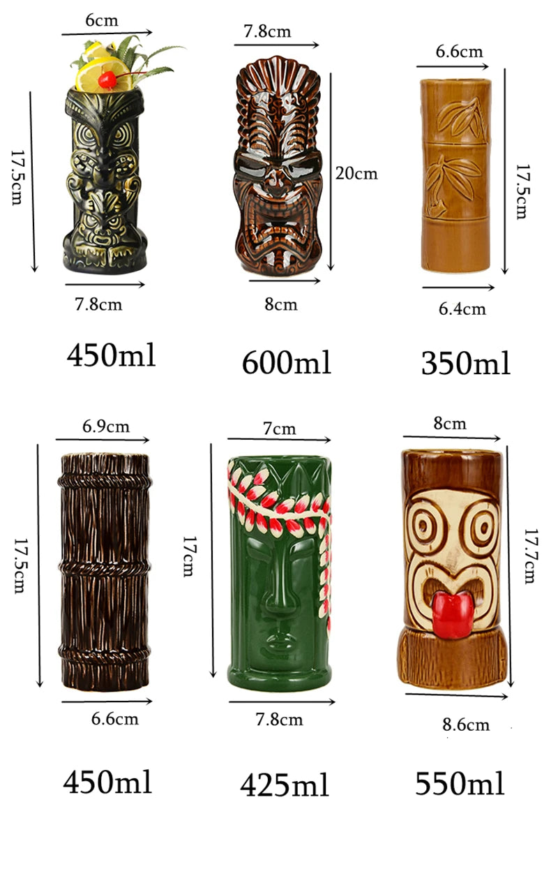 Jarras y vasos tiki de cerámica con inspiración hawaiana de 300 a 700 ml