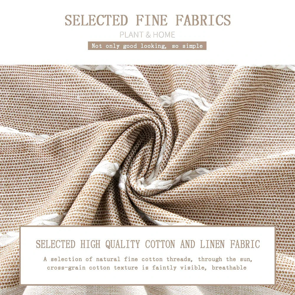 Mantel rectangular de lino con bandas de rayas y borlas
