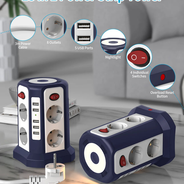 Torre de enchufes 8 tomas + 5 USB con interruptores individuales | cable 3 mRegletasElectronics > Electronics Accessories > Power > Power Strips & Surge Suppressors
