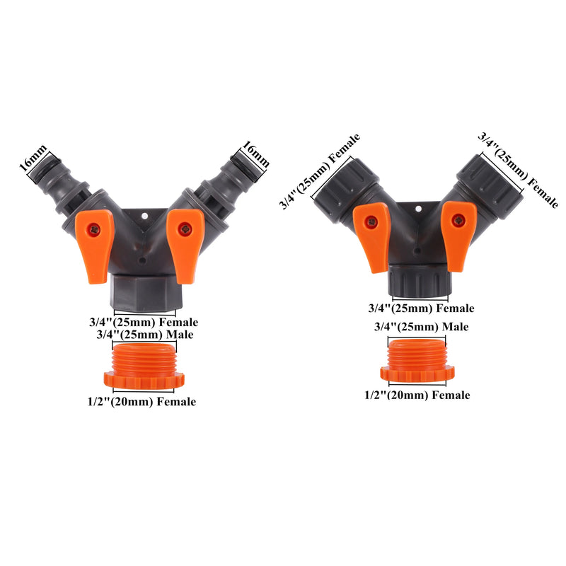 Divisor de agua Y ajustable para jardín 2 vías 3/4" y 1/2"Riego